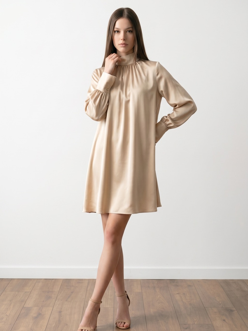 Zara Retro Inspired Cream High-Neck Satin Long-Sleeve A-Line Mini Dress (S)